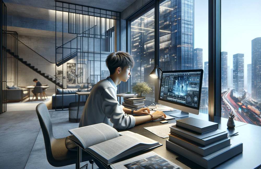 jeune homme chinois, ordinateur, ville moderne