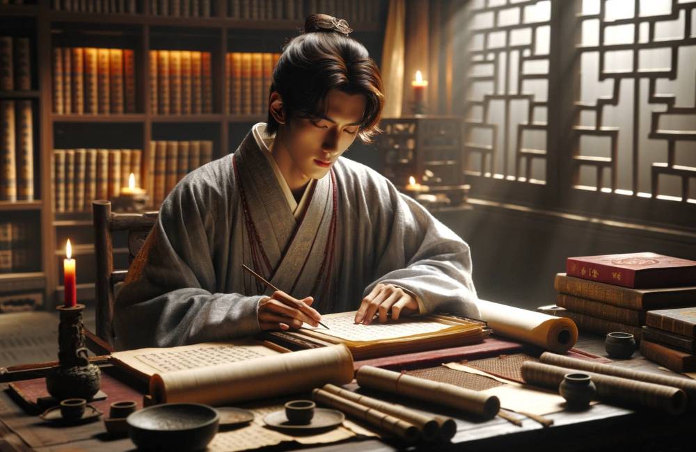 jeune homme chinois se préparant à l'examen impérial